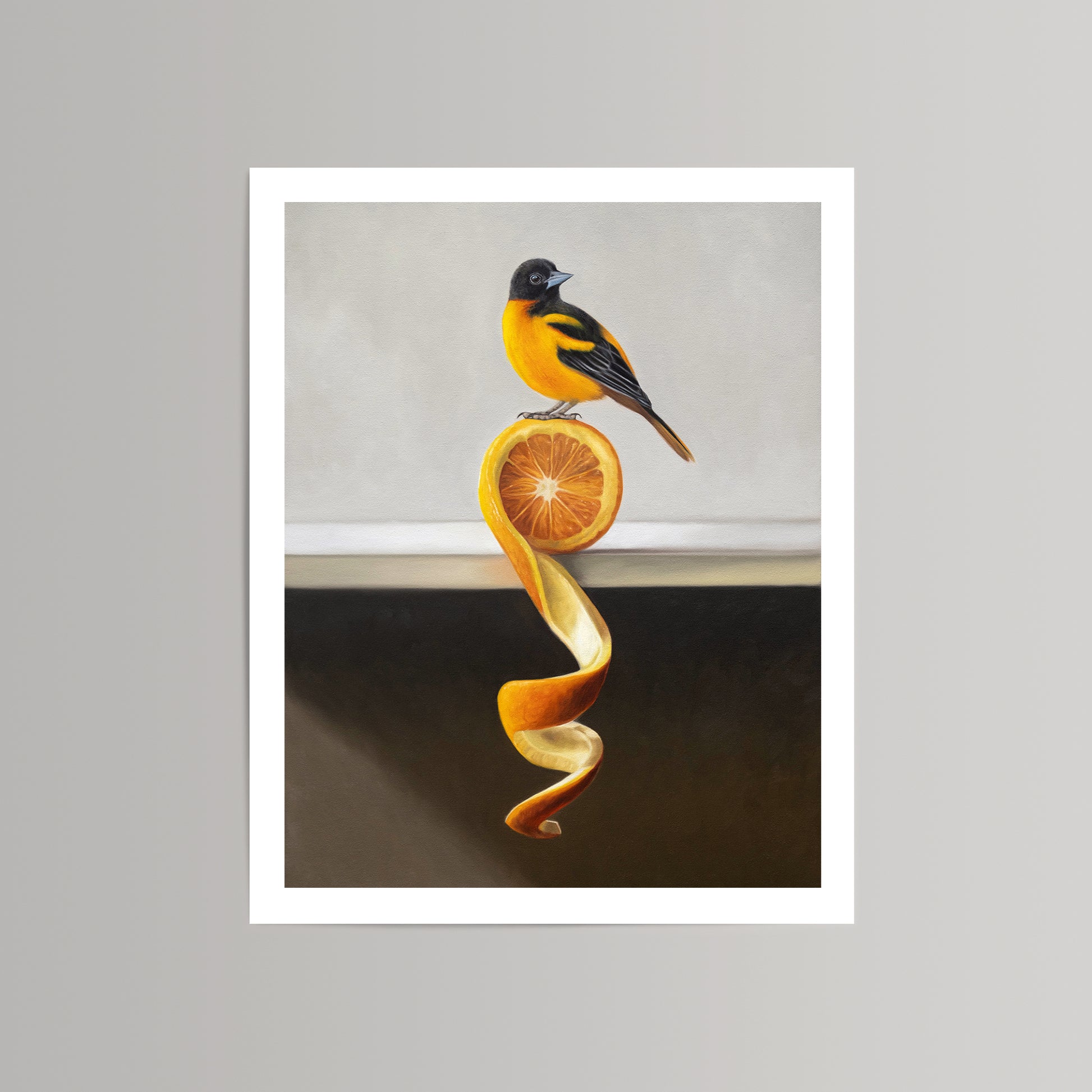 Vibrant oil painting print of an orange and black oriole perched on a sliced orange with a long, curling peel.