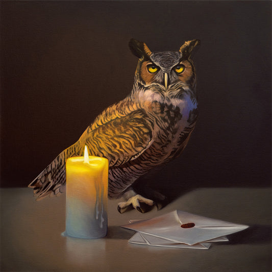 Owl Post Fine Art Print by Lauren Pretorius: a Great Horned Owl standing next to a candle-lit trio of letters with a dark and moody background.