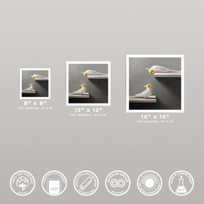 Three fine art prints of cockatiels on a shelf, showcasing 8x8, 12x12, and 16x16 inch sizes with white borders.