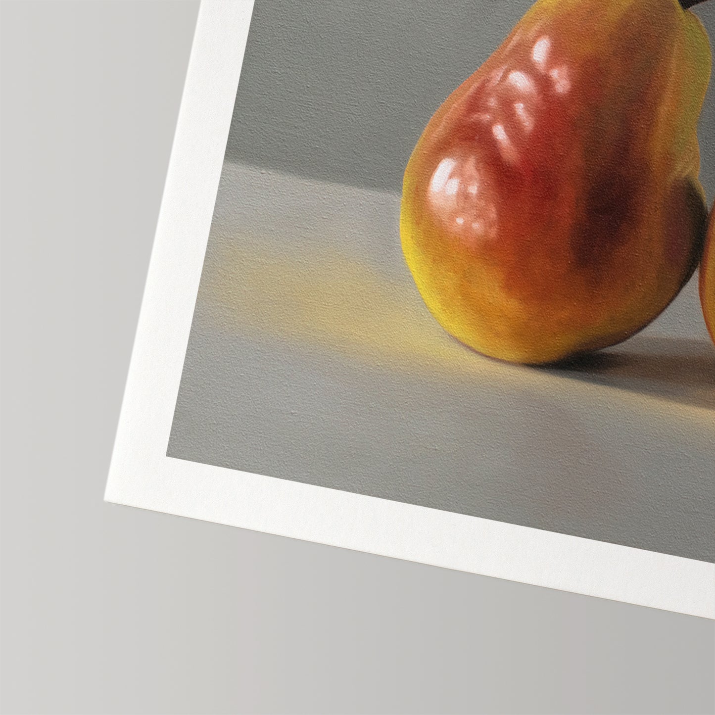 Fine art print of a vibrant red and yellow pear, rendered with realistic detail on museum-grade cotton rag paper.
