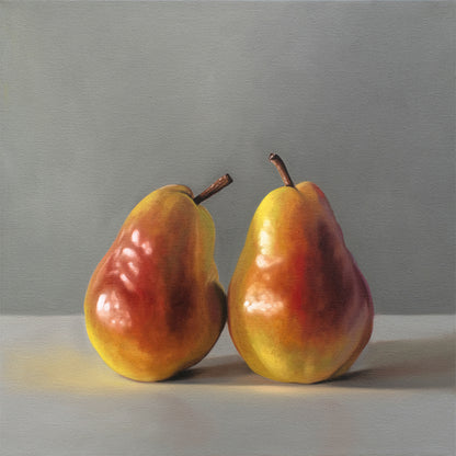 Realistic fine art print of two ripe red and yellow pears on a light gray background.