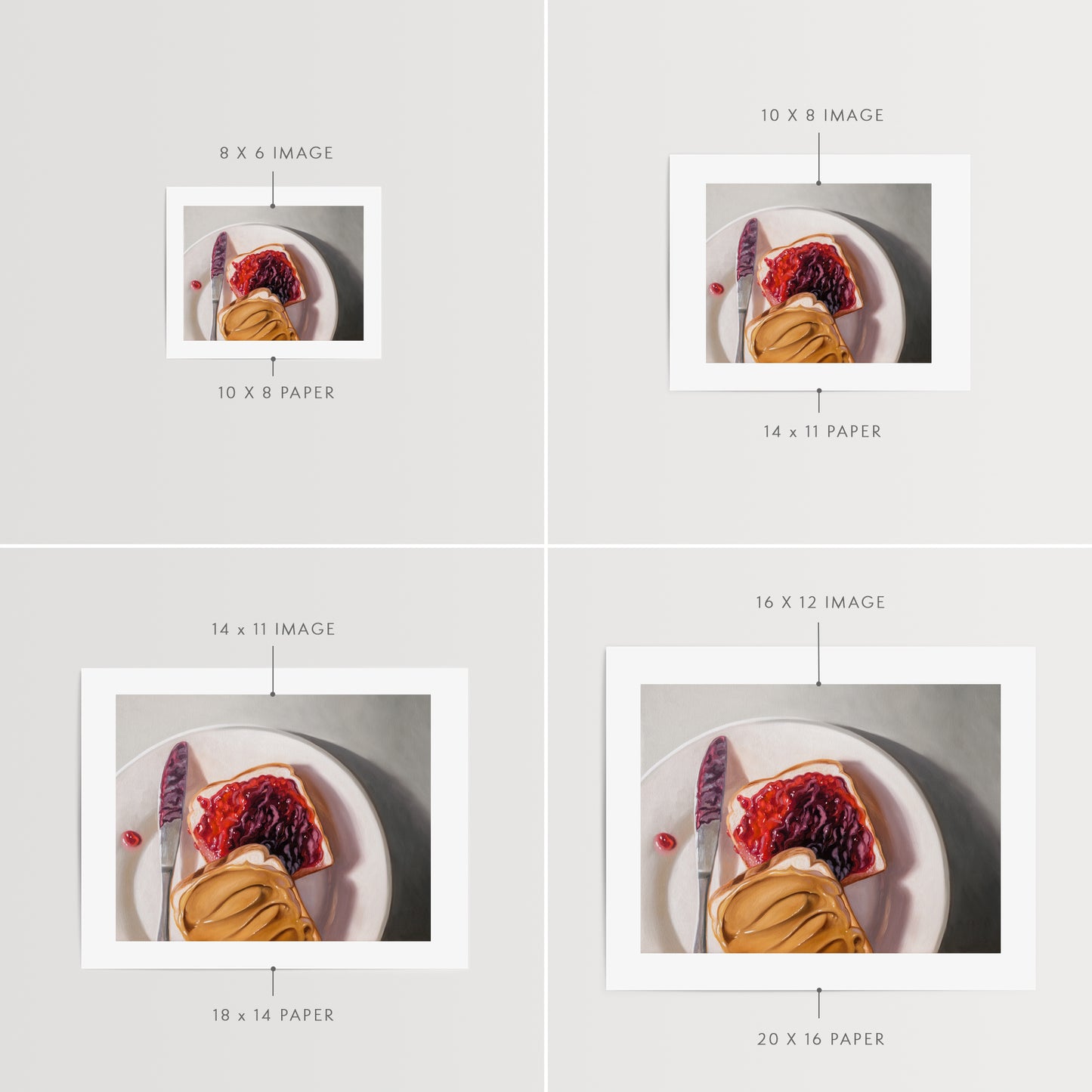 Peanut Butter and Jelly Sandwich Fine Art Print by Lauren Pretorius: a peanut butter and jelly sandwich, depicted with oil paints on a white plate with a knife and a dollop of peanut butter visible.