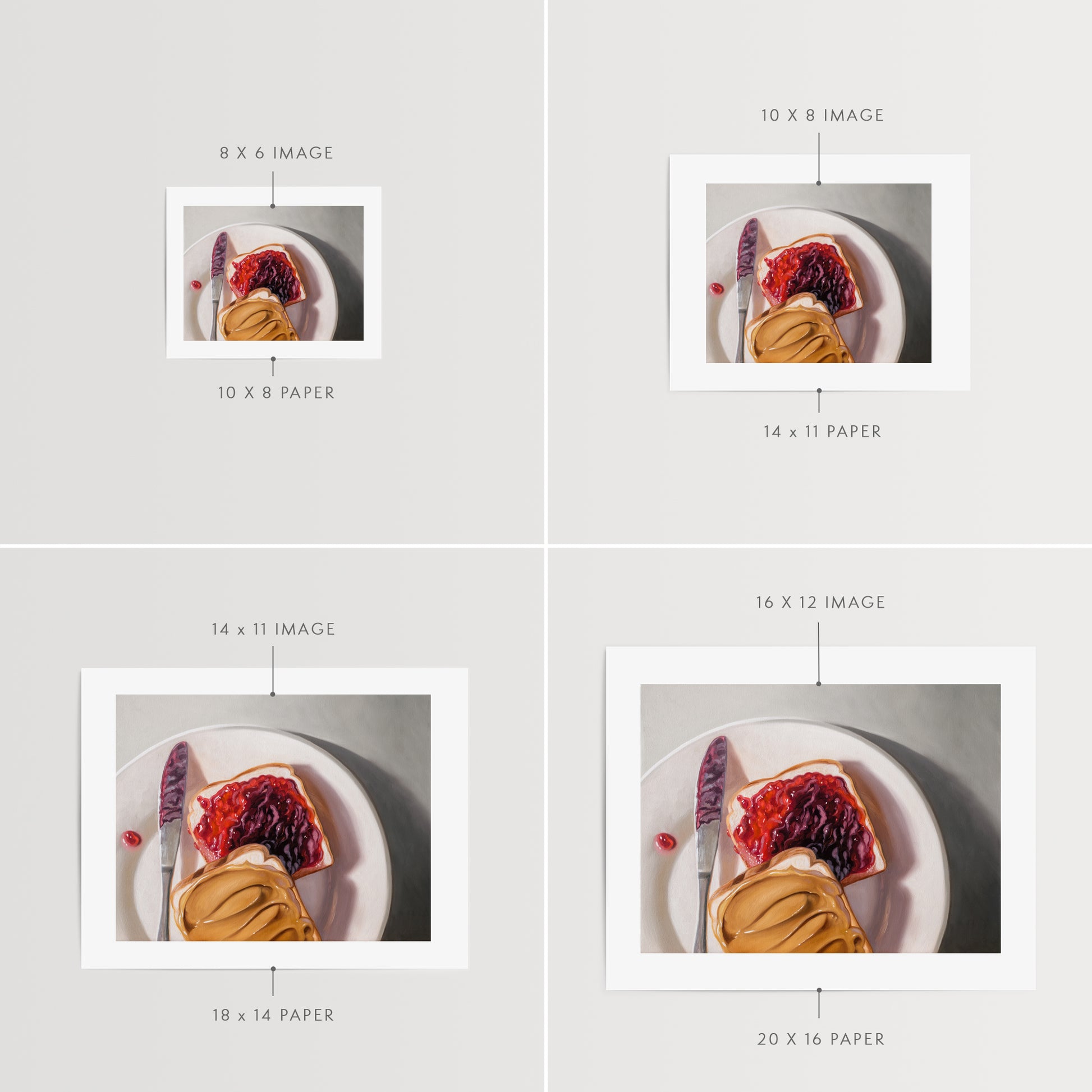 Peanut Butter and Jelly Sandwich Fine Art Print by Lauren Pretorius: a peanut butter and jelly sandwich, depicted with oil paints on a white plate with a knife and a dollop of peanut butter visible.