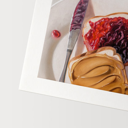 Peanut Butter and Jelly Sandwich Fine Art Print by Lauren Pretorius: a peanut butter and jelly sandwich, depicted with oil paints on a white plate with a knife and a dollop of peanut butter visible.