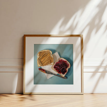 Peanut Butter and Jelly Sandwich Fine Art Print by Lauren Pretorius: a yet to be assembled peanut butter and jelly sandwich… the very moment just before you smoosh the two sides together.