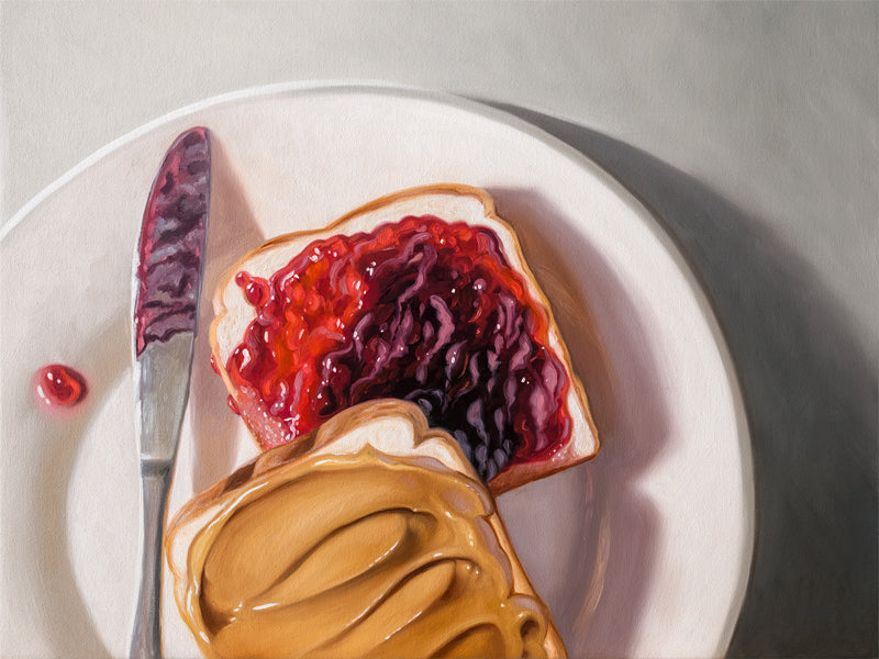 Peanut Butter and Jelly Sandwich Fine Art Print by Lauren Pretorius: a peanut butter and jelly sandwich, depicted with oil paints on a white plate with a knife and a dollop of peanut butter visible.