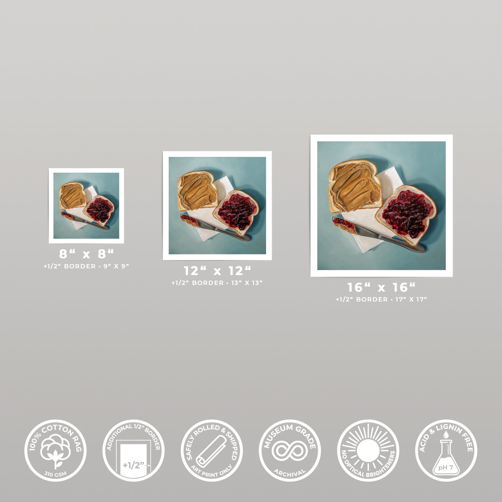 Three square art prints of a peanut butter and jelly sandwich on toast, varying in size, with a white border.