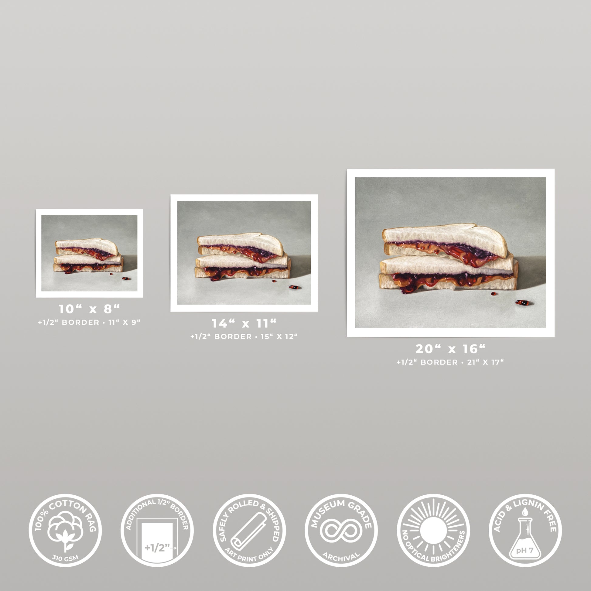 Three fine art prints of a peanut butter and jelly sandwich, showing various sizes and print details.
