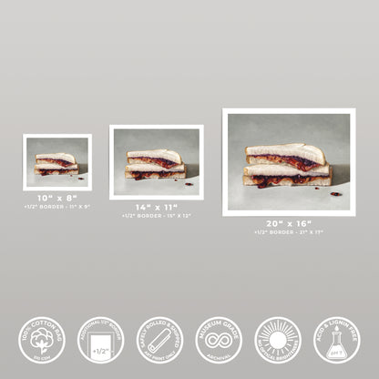 Three fine art prints of a peanut butter and jelly sandwich, showing various sizes and print details.