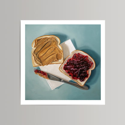 Realistic art print of a peanut butter and jelly sandwich on white bread with a knife on a blue background.