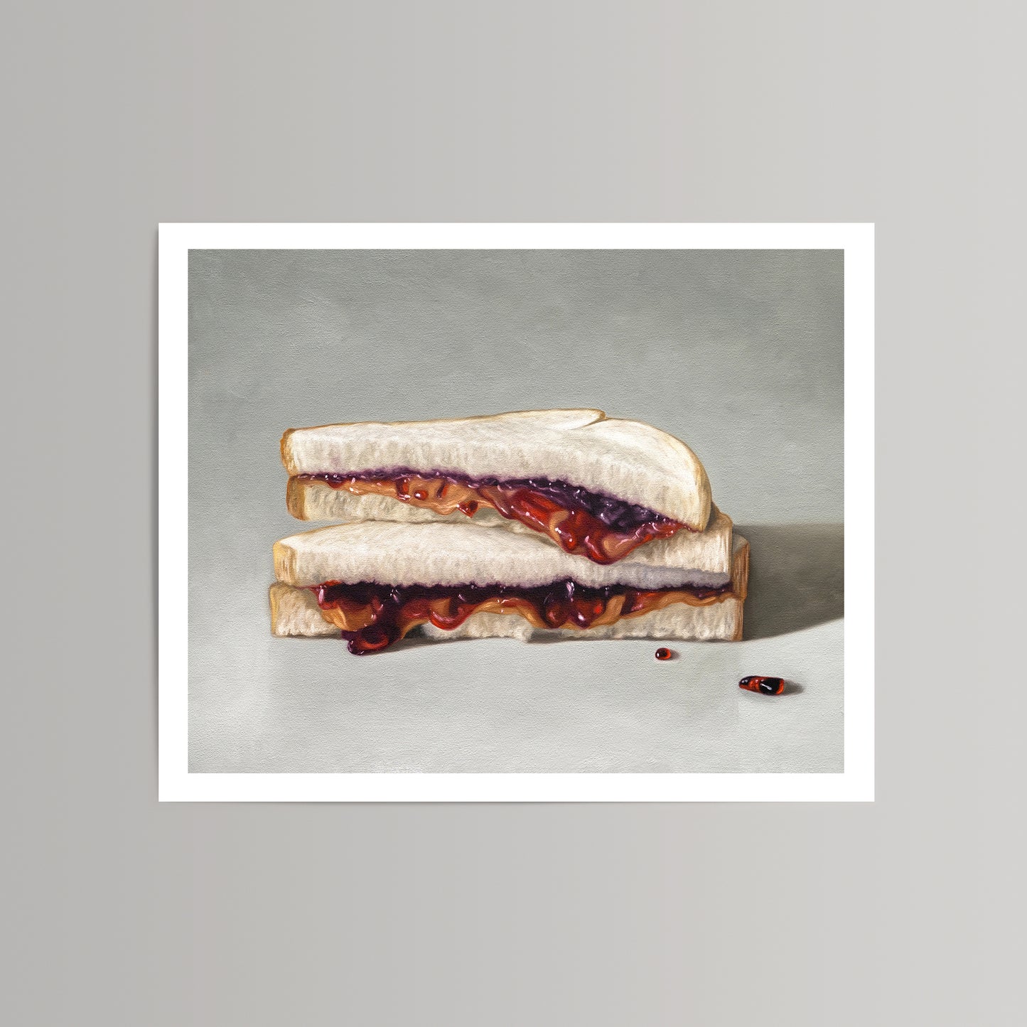 Realistic fine art print of a peanut butter and jelly sandwich on white bread, with two pills.