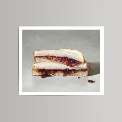 Realistic fine art print of a peanut butter and jelly sandwich on white bread, with two pills.