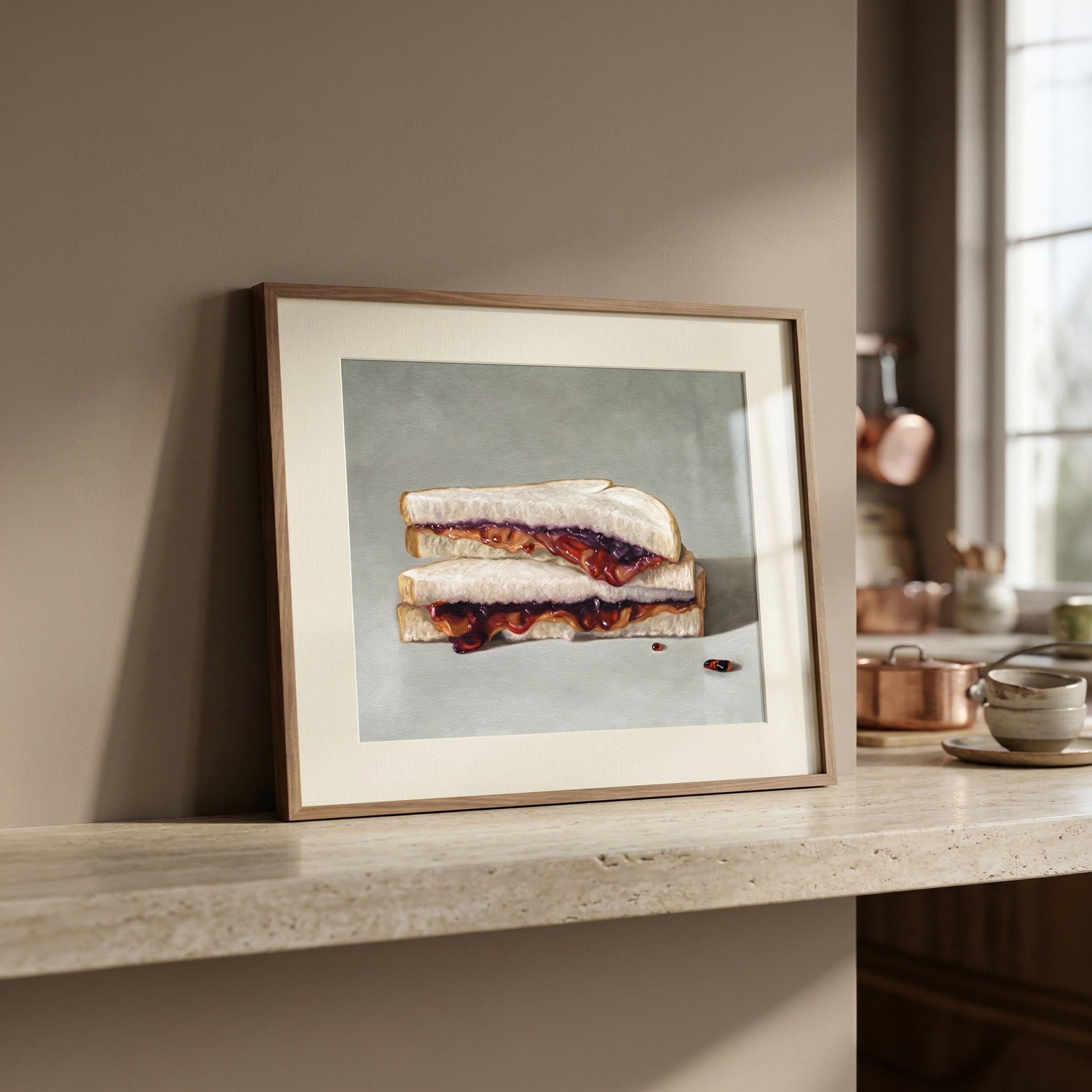 Framed fine art print of a realistic peanut butter and jelly sandwich on a light gray background.