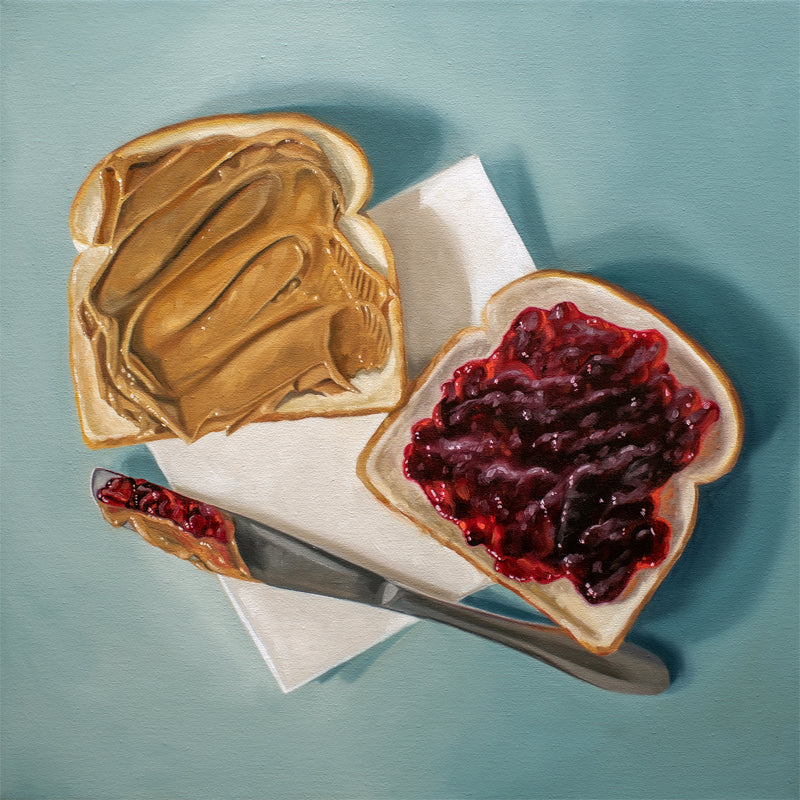 Realistic fine art print of a peanut butter and jelly sandwich on white bread with a knife.