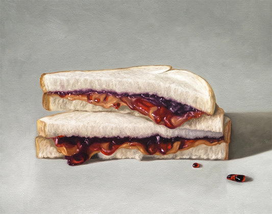 Realistic oil painting of two peanut butter and jelly sandwich halves, stacked, with a small red pill.