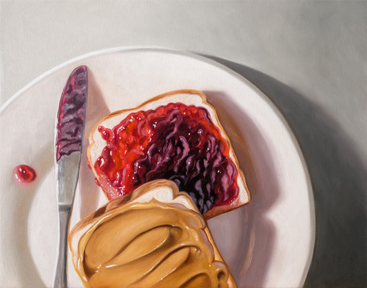 Realistic oil painting of a peanut butter and jelly sandwich on white bread, with a knife and a dollop of jelly.