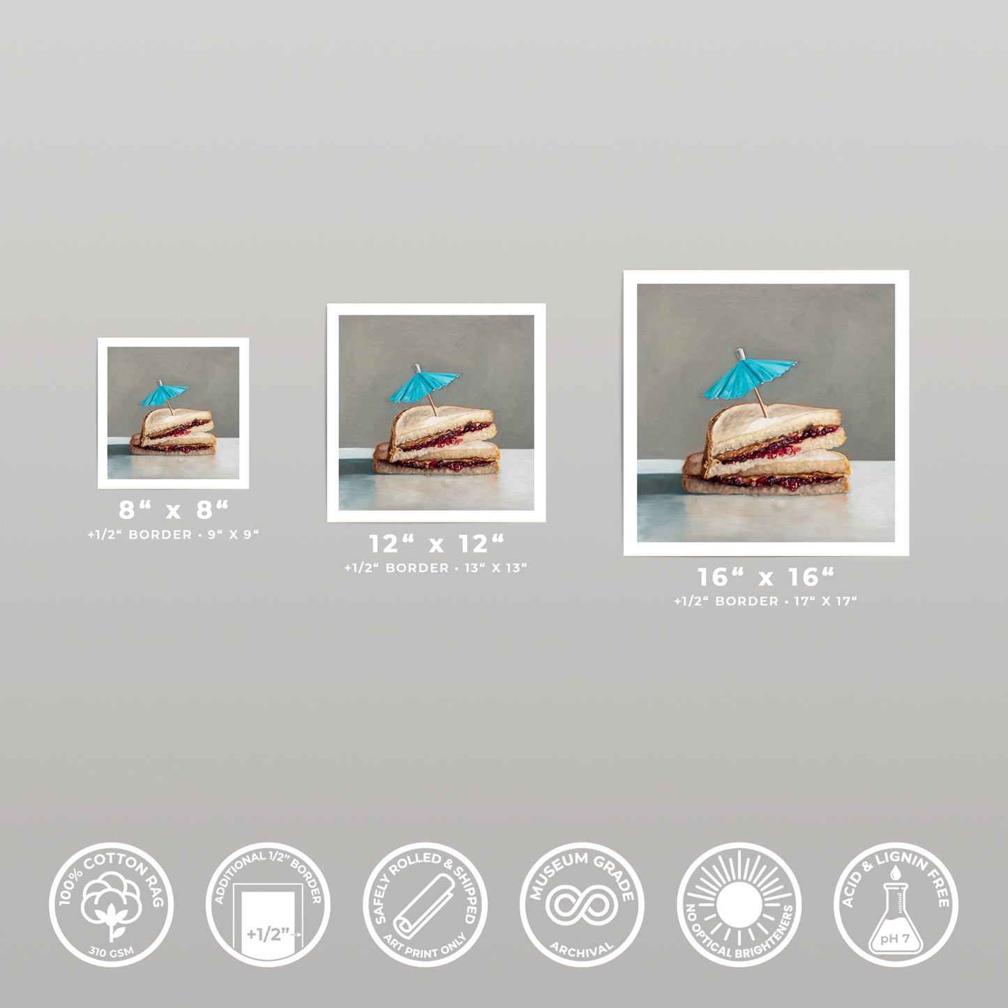 Three square art prints of a peanut butter and jelly sandwich with a blue umbrella, shown in various sizes.