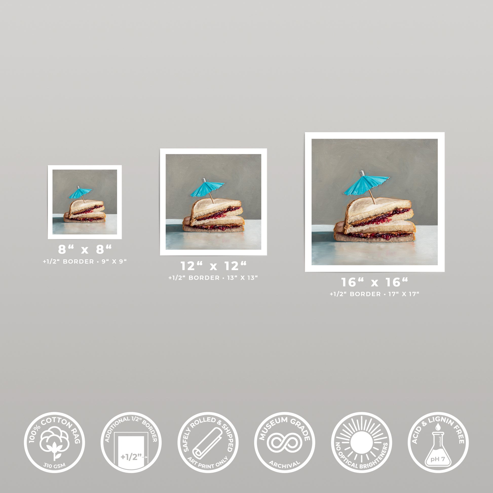 Three square art prints of a peanut butter and jelly sandwich with a blue umbrella, shown in various sizes.