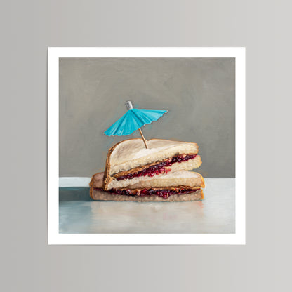 Fine art print of a stacked peanut butter and jelly sandwich with a blue cocktail umbrella.