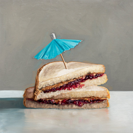 Still life oil painting of two peanut butter and jelly sandwich halves with a blue cocktail umbrella.