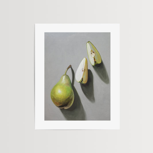 Pear Trio Fine Art Print by Lauren Pretorius: sliced pears with a green and white color scheme on a grey background.