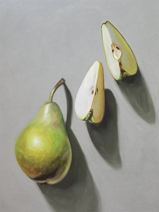 Pear Trio Fine Art Print by Lauren Pretorius: sliced pears with a green and white color scheme on a grey background.