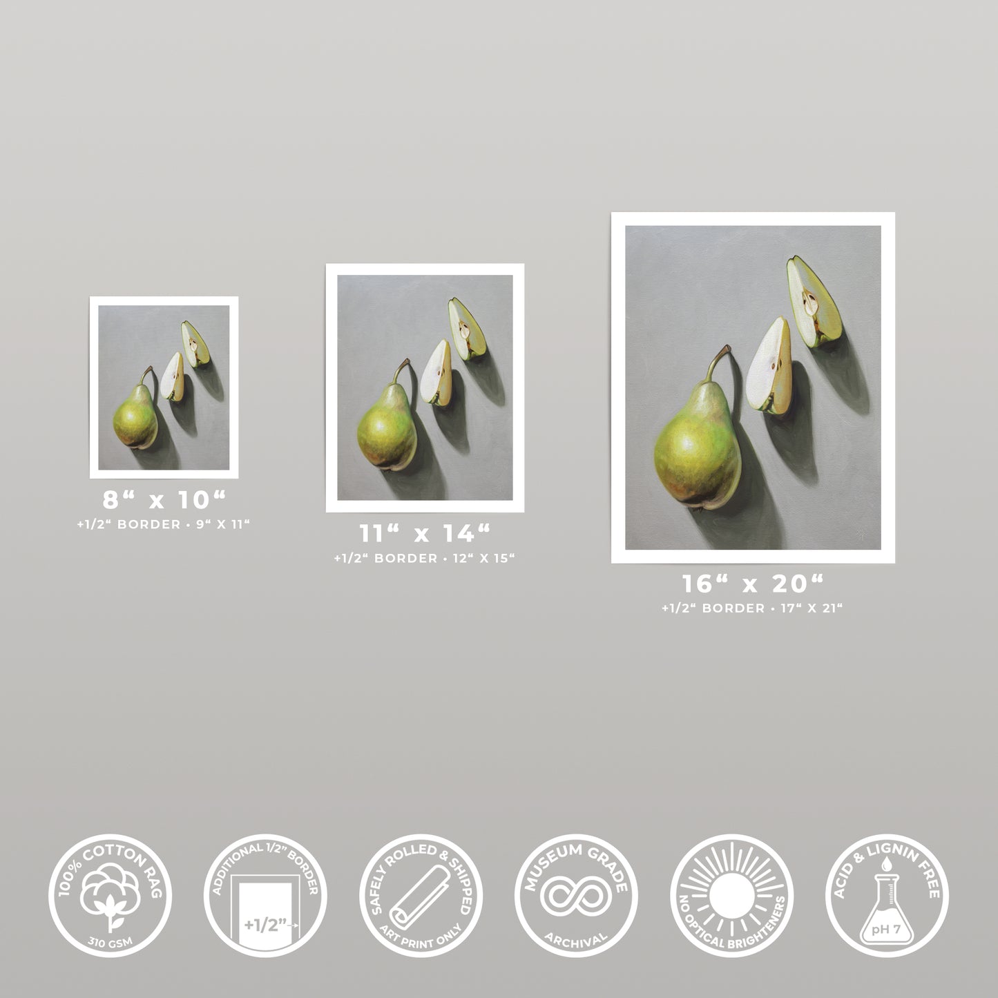 Fine art print of three pears, one whole and two sliced, on a gray background, shown in three sizes.