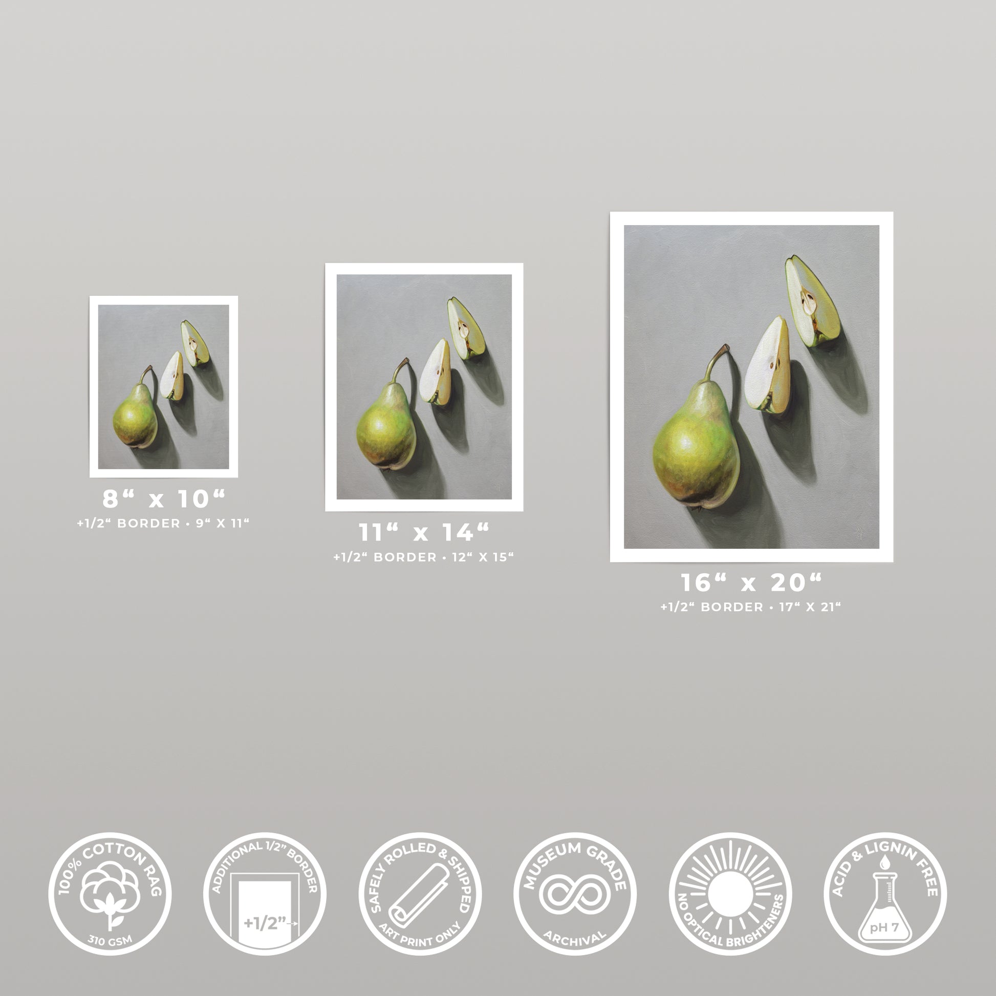 Fine art print of three pears, one whole and two sliced, on a gray background, shown in three sizes.