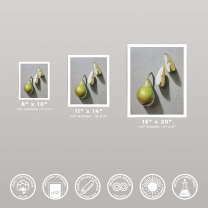 Fine art print of three pears, one whole and two sliced, on a gray background, shown in three sizes.