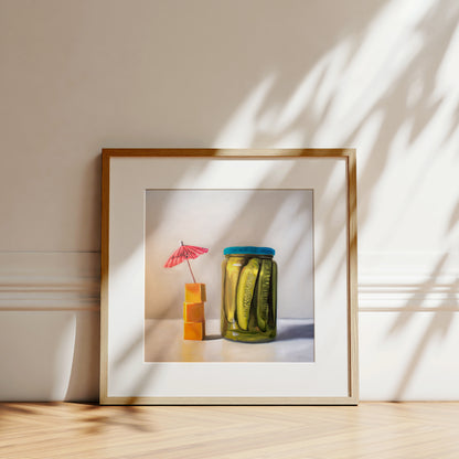 Pickles and Cheese Fine Art Print by Lauren Pretorius: a glass jar of pickles alongside a stack of cheese cubes relaxing under a drink umbrella.