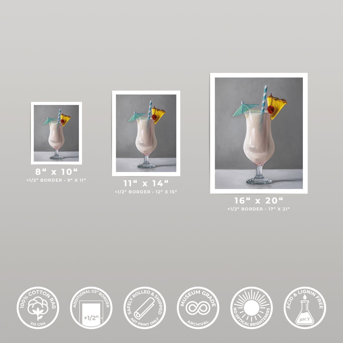 Three Piña Colada art prints in varying sizes, featuring a creamy drink with pineapple and cherry garnish.