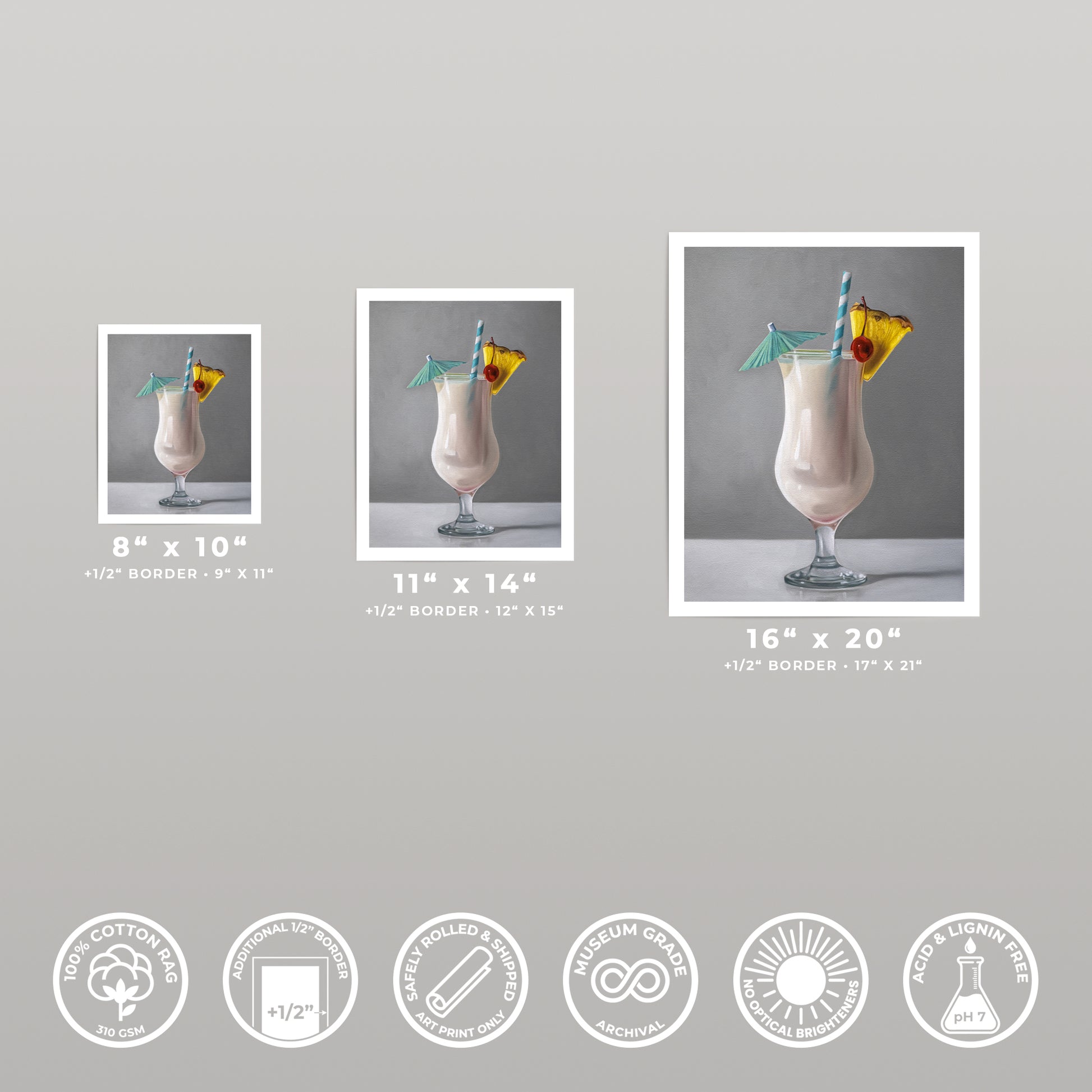 Three Piña Colada art prints in varying sizes, featuring a creamy drink with pineapple and cherry garnish.