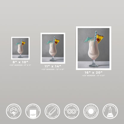 Three Piña Colada art prints in varying sizes, featuring a creamy drink with pineapple and cherry garnish.