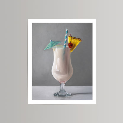 Fine art print of a creamy Piña Colada with a blue straw, pineapple, cherry, and tiny umbrella.