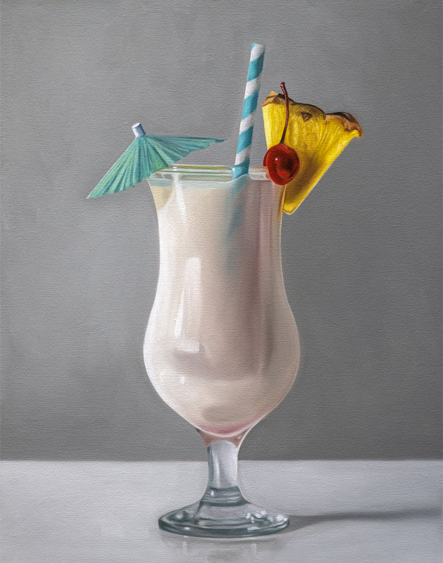 Fine art print of a creamy Piña Colada cocktail with a blue straw, teal umbrella, cherry, and pineapple slice.