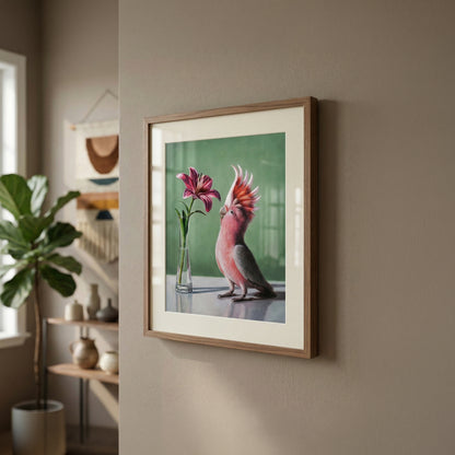 Framed art print of a pink cockatoo looking at a lily in a vase, on a green background.