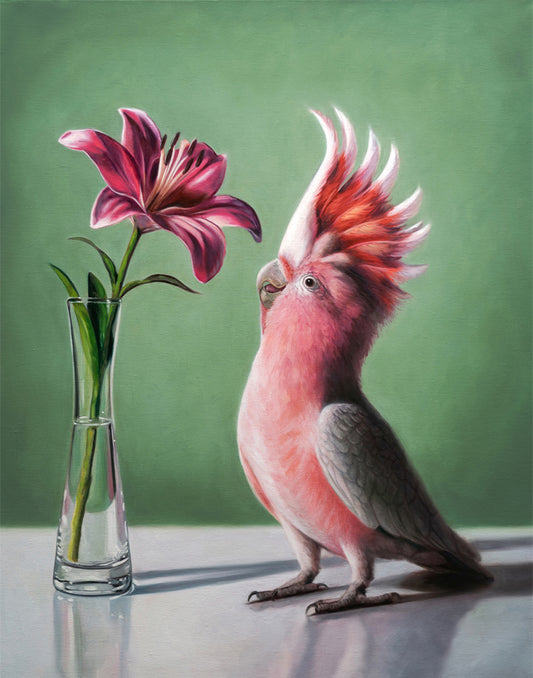Vibrant oil painting of a pink cockatoo admiring a fuchsia lily in a clear vase against a green background.