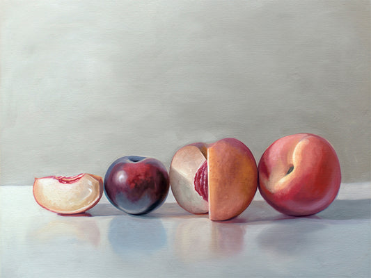 Plum and Peaches Fine Art Print by Lauren Pretorius: a pair of peaches and a single plum resting on a light, reflective surface.