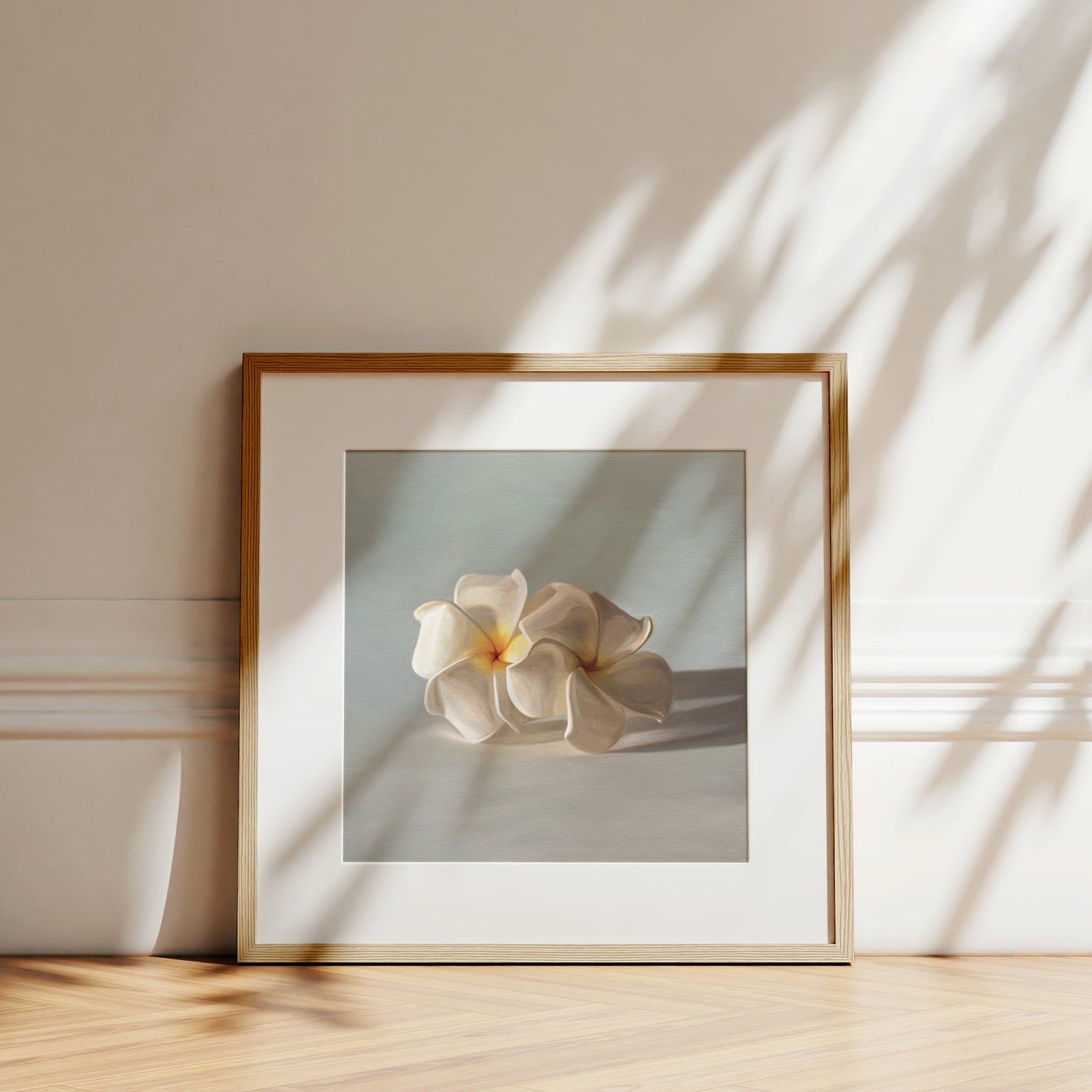Plumeria Blossoms Fine Art Print by Lauren Pretorius: a pair of white plumeria blossoms resting on a light bluegrey surface.