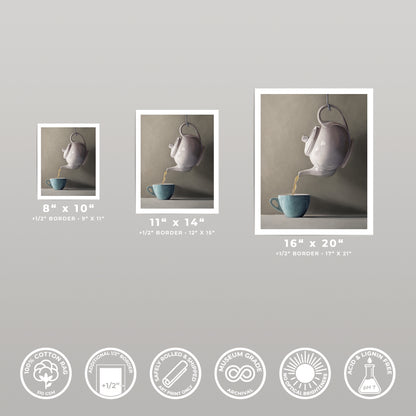 Three fine art prints of a white teapot pouring tea into a blue cup, shown in 8x10, 11x14, and 16x20 sizes.
