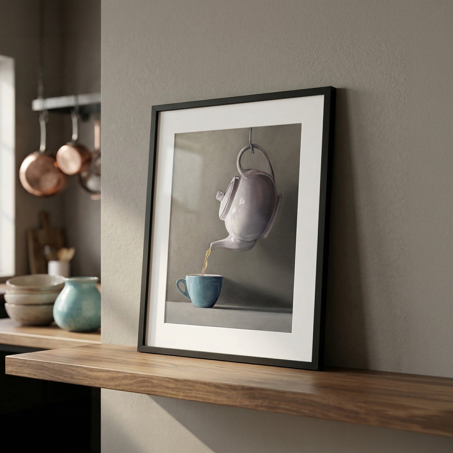 Fine art print of a light purple teapot pouring golden tea into a blue cup, framed in black.