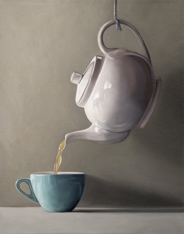 Fine art print of a white teapot pouring golden tea into a light blue teacup.