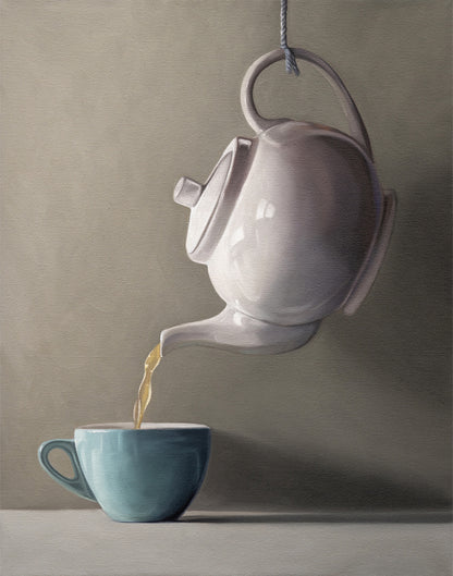 Fine art print of a white teapot pouring golden tea into a light blue teacup.
