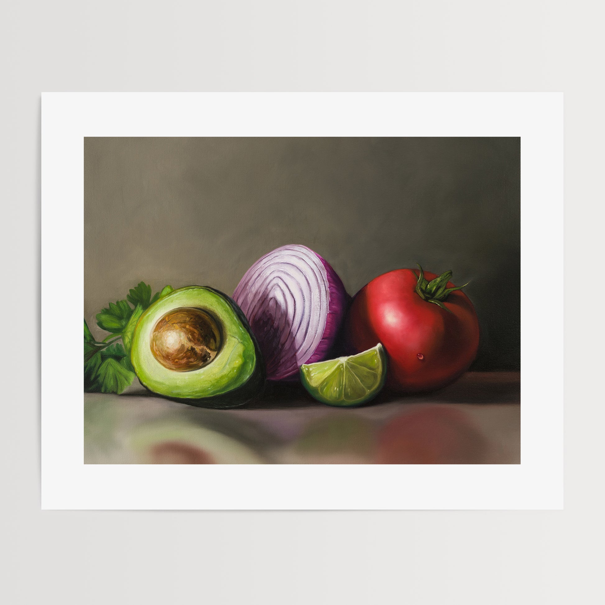 Pre - Guacamole Fine Art Print by Lauren Pretorius: a still life setup with a halved avocado, a red onion, a slice of lime, and a whole tomato on a reflective surface.