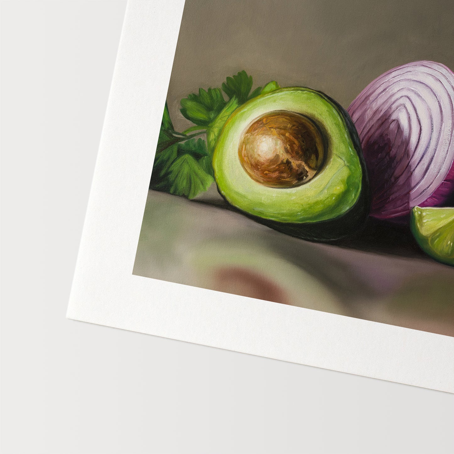 Pre - Guacamole Fine Art Print by Lauren Pretorius: a still life setup with a halved avocado, a red onion, a slice of lime, and a whole tomato on a reflective surface.