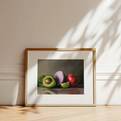 Pre - Guacamole Fine Art Print by Lauren Pretorius: a still life setup with a halved avocado, a red onion, a slice of lime, and a whole tomato on a reflective surface.