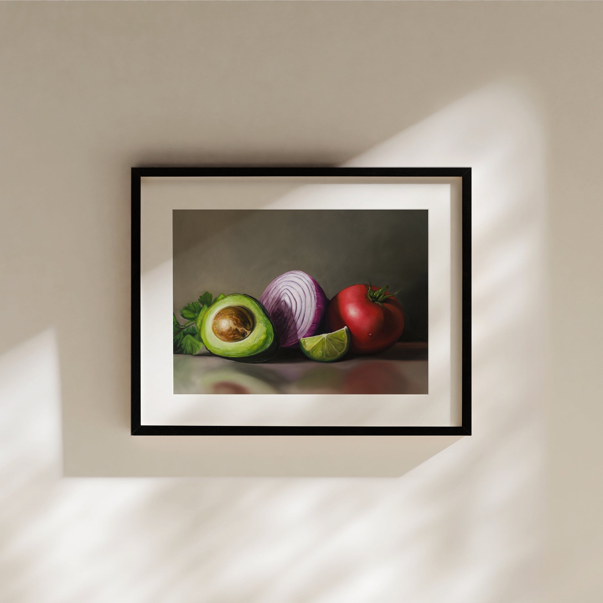 Pre - Guacamole Fine Art Print by Lauren Pretorius: a still life setup with a halved avocado, a red onion, a slice of lime, and a whole tomato on a reflective surface.