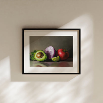 Pre - Guacamole Fine Art Print by Lauren Pretorius: a still life setup with a halved avocado, a red onion, a slice of lime, and a whole tomato on a reflective surface.