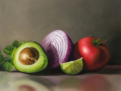 Pre - Guacamole Fine Art Print by Lauren Pretorius: a still life setup with a halved avocado, a red onion, a slice of lime, and a whole tomato on a reflective surface.
