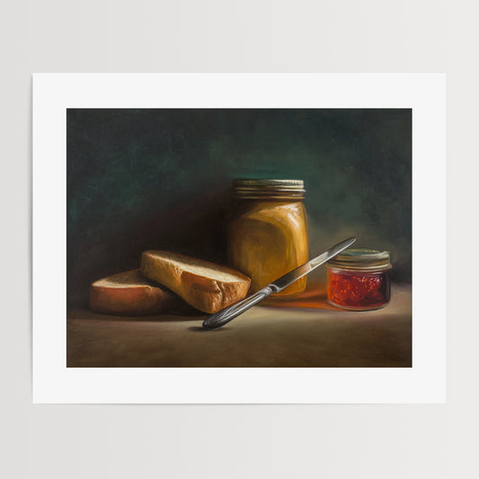 Pre-PB&J Fine Art Print by Lauren Pretorius: a still life with a sandwich, a jar of peanut butter, and a knife on a table against a dark background.